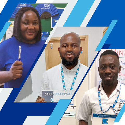 Photo collage of bank members holding their care certificates.