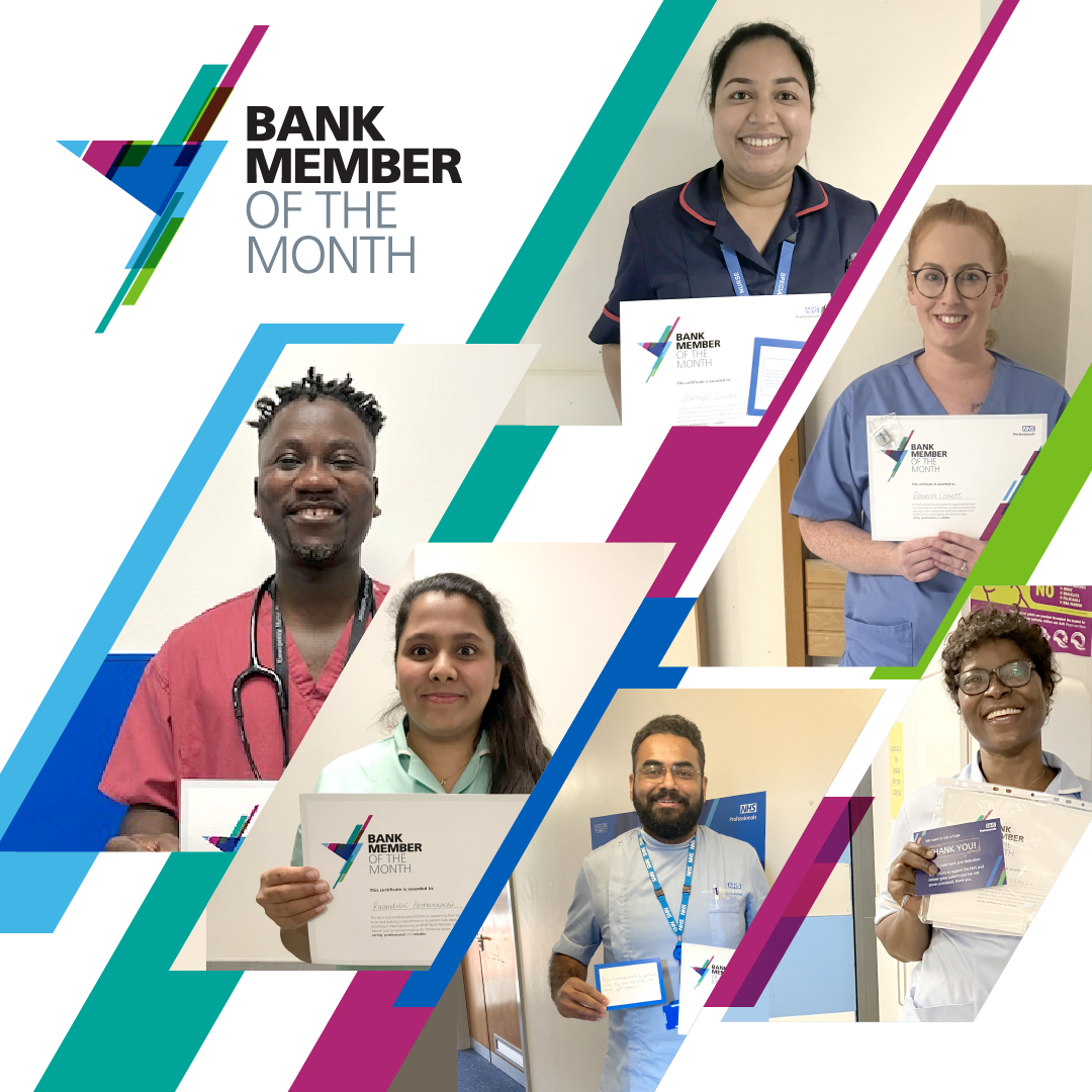 A collage of bank members holding their bank member of the month awards